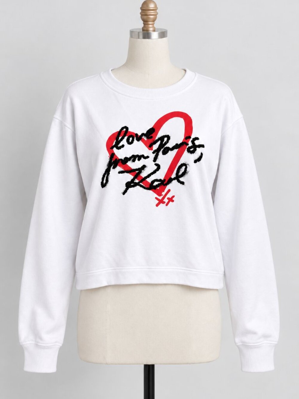 Karl Lagerfeld Paris Love Heart Graphic White Cropped Sweatshirt
